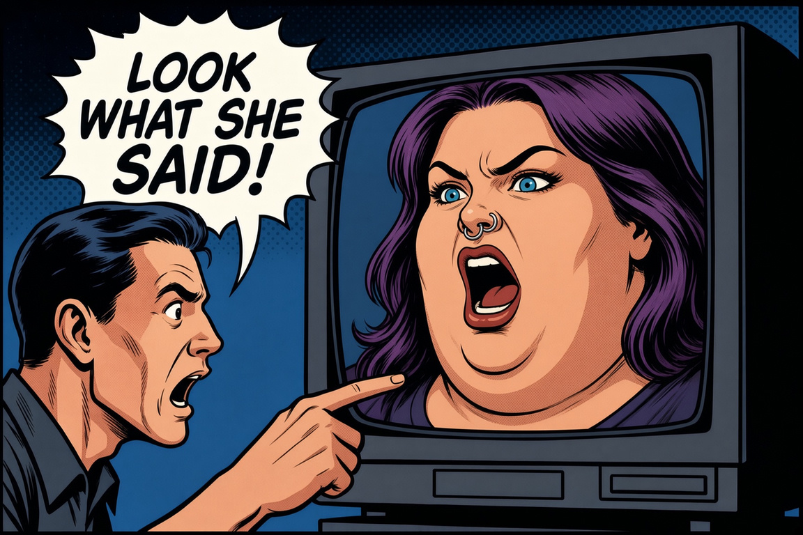 Vintage pop-art comic panel: a man shouts and points at a retro TV set showing a purple-haired woman with a nose ring yelling back, above a cream speech bubble reading “Look what she said!”